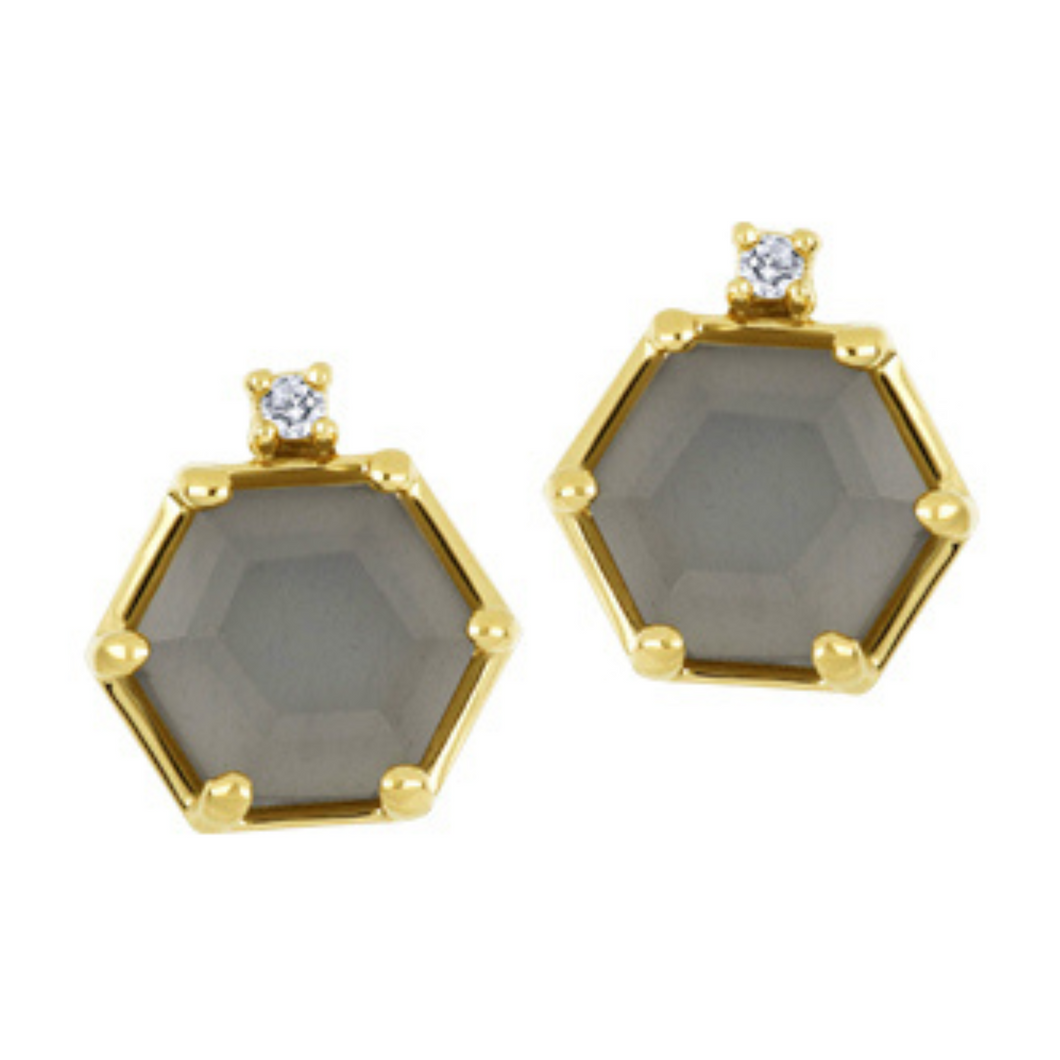 Yellow Gold  Grey Moonstone with Diamond Earrings