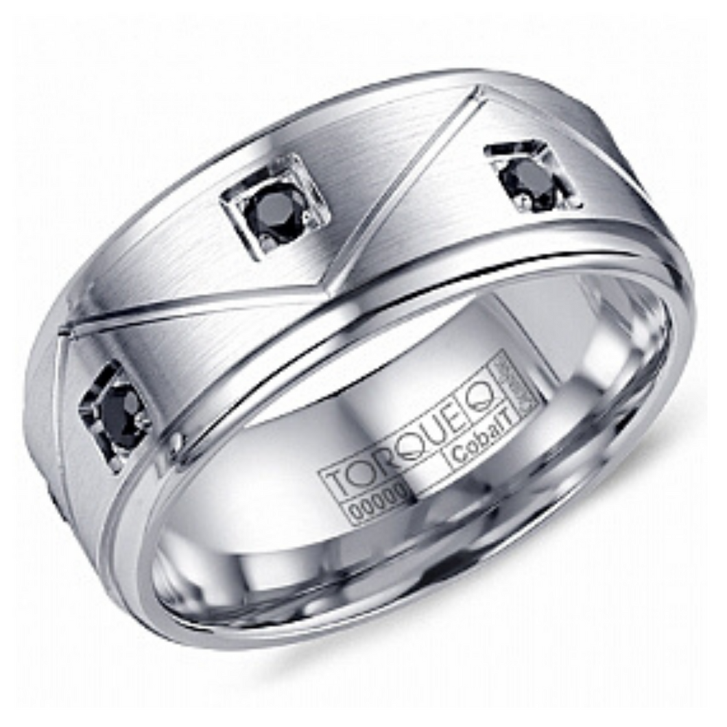 White Cobalt Alternative Metal with Black Sapphires Mens Band - Nasselquist Jewellers